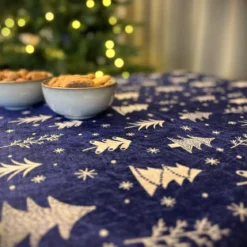 Juledug - Nervøs velour 150x300 cm - Juletræ og stjerne - Blå